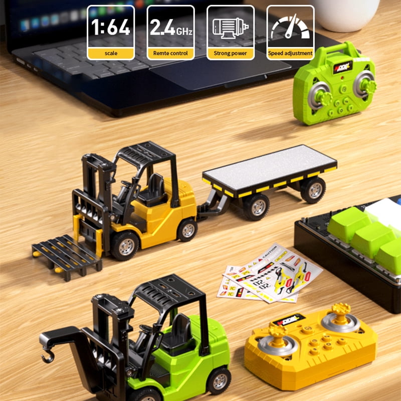 Mini Forklift Remote Control 1:64 RC Truck Toys 2 in 1 RC Cars Lift Fork & Hook with Lights & Sounds for Kids Christmas Birthday Gifts