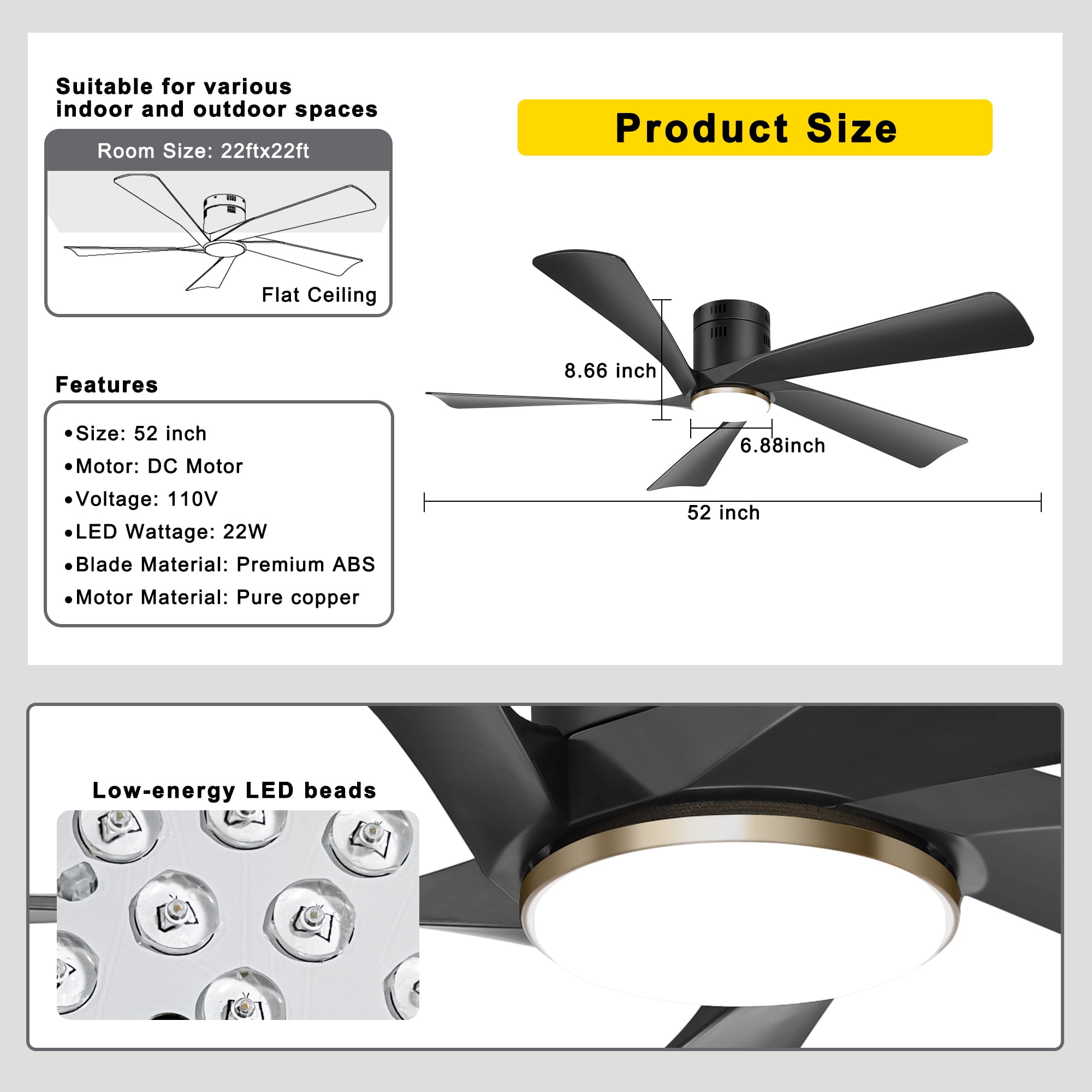 Ohniyou 52" Low Profile Ceiling Fan with Lights and Remote & APP Control Modern Flush Mount Indoor Outdoor Ceiling Fans, Dimmable, Silent DC Motor, Reversible, Black