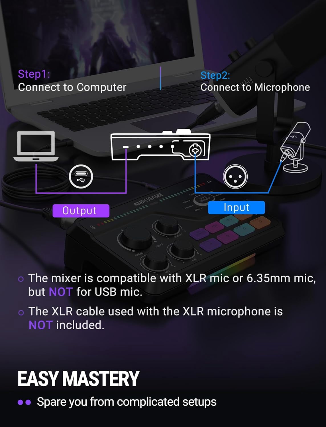 FIFINE WSC8 Gaming Audio Mixer for XLR Microphone, Game and Chat Mix Button with Software, 3 Channel Audio Interface for Volume Control, 48V Power