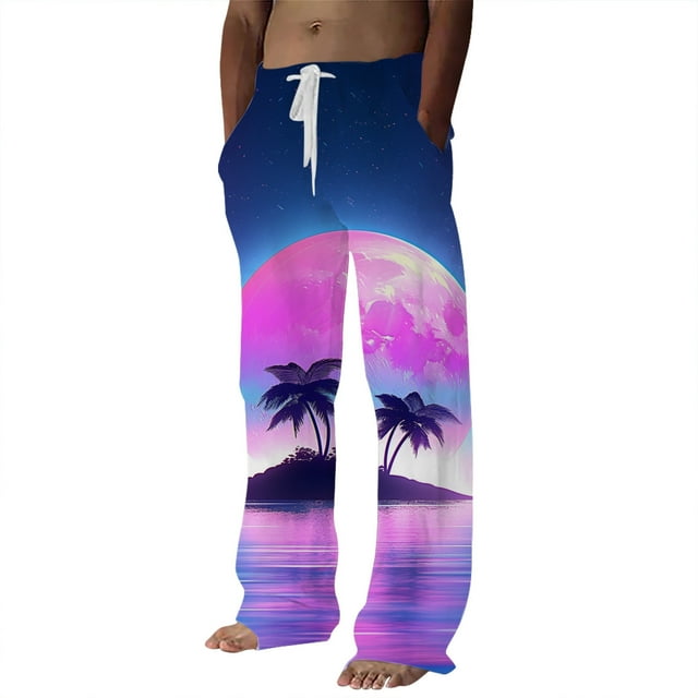 Afdoent Mens Casual Pants Male Spring Summer Fashion Printed Coconut Tree Theme Pants Classic