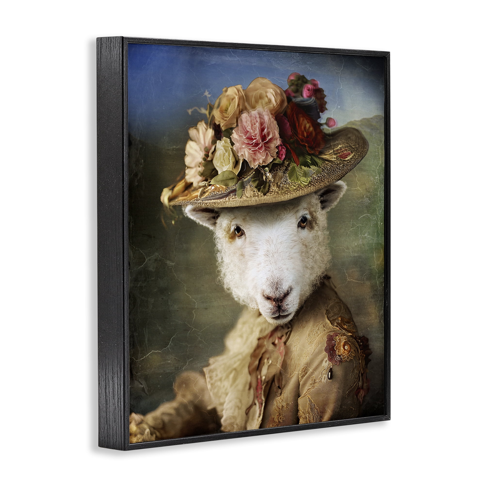 Stupell Industries Lamb with Floral Hat Animals & Insects Painting Black Framed Art Print Wall Art, 11 x 14