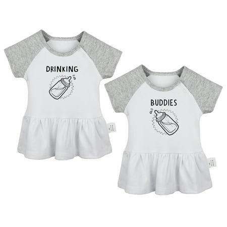

Pack of 2 Twins Baby Drinking Buddies Funny Dresses For Baby Newborn Babies Skirts Infant Princess Dress Toddler Frocks (Gray Raglan Dresses 18-24 Months)