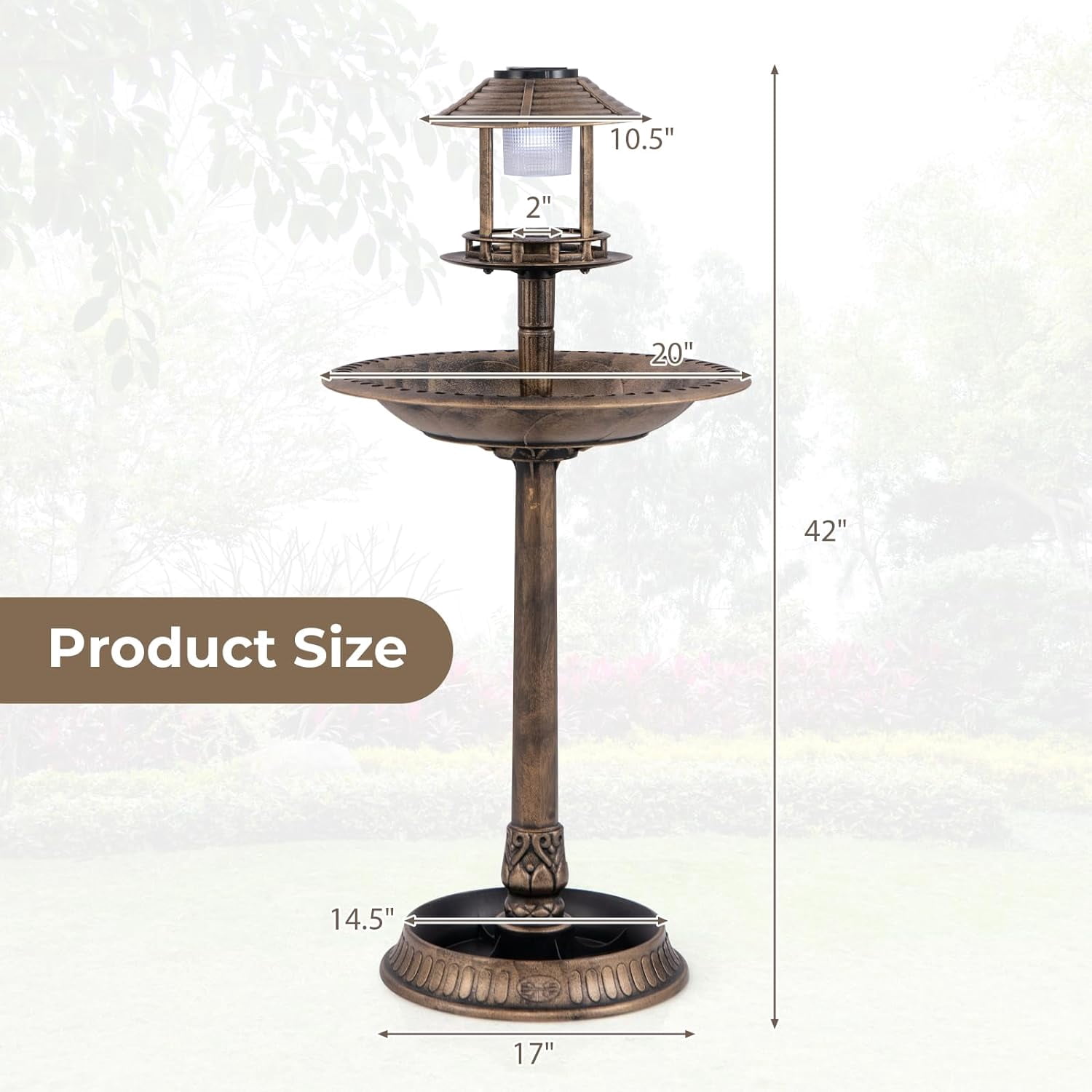WBTER 42 inch Bird Bath Solar Lighted, Pedestal Bird Bath with Bird Feeder, Flower Planter Base, Solar Powered Lamp, 3 Ground Stakes, Standing Birdbath for Outside Garden Yard Outdoor (Bronze)