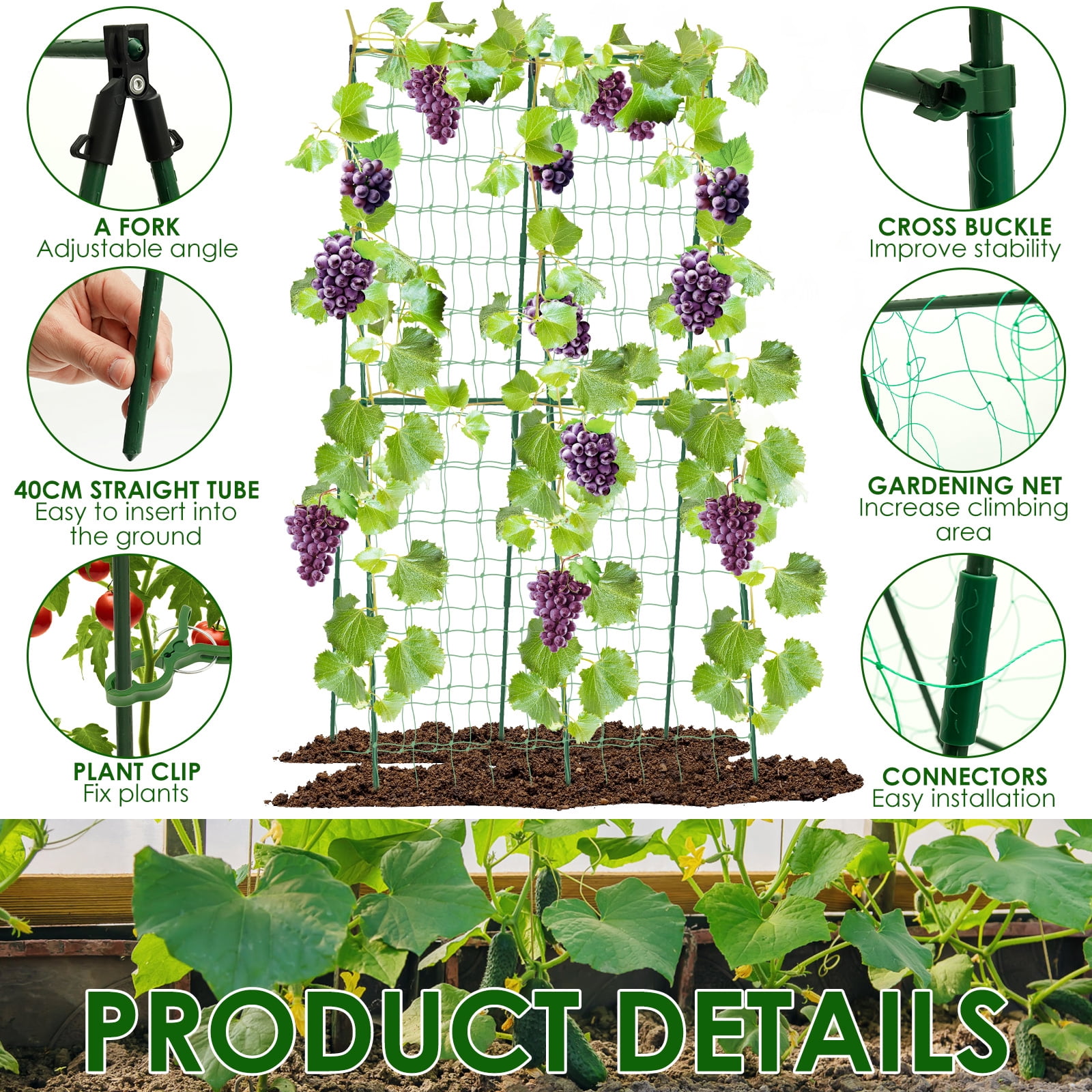 Sutowe Cucumber Trellis for Raised Beds Adjustable Size A Frame Garden Trellis with Climbing Net Garden Supplies for Climbing Plant Outdoors