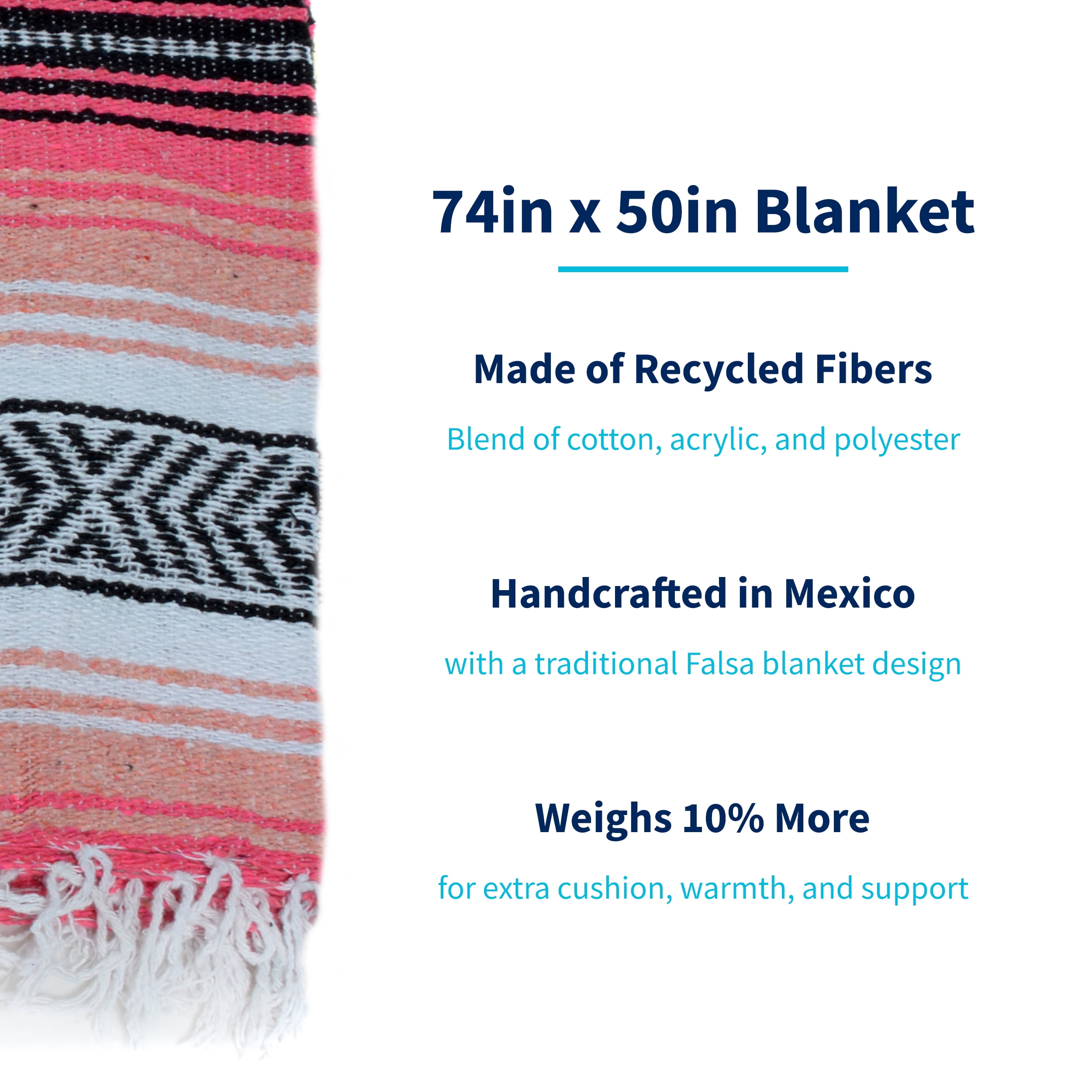 La Montana 4 Pack Mexican Blankets, 74" x 50" Yoga Blankets, Coral/Melon/White