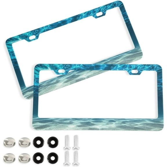 Coolnut Undersea Beach 2 Holes Car License Plate Frames 2PCS, Car License Plate Holder with Screw Caps Cover Set Automotive Exterior Parts Decoration for US Vehicles