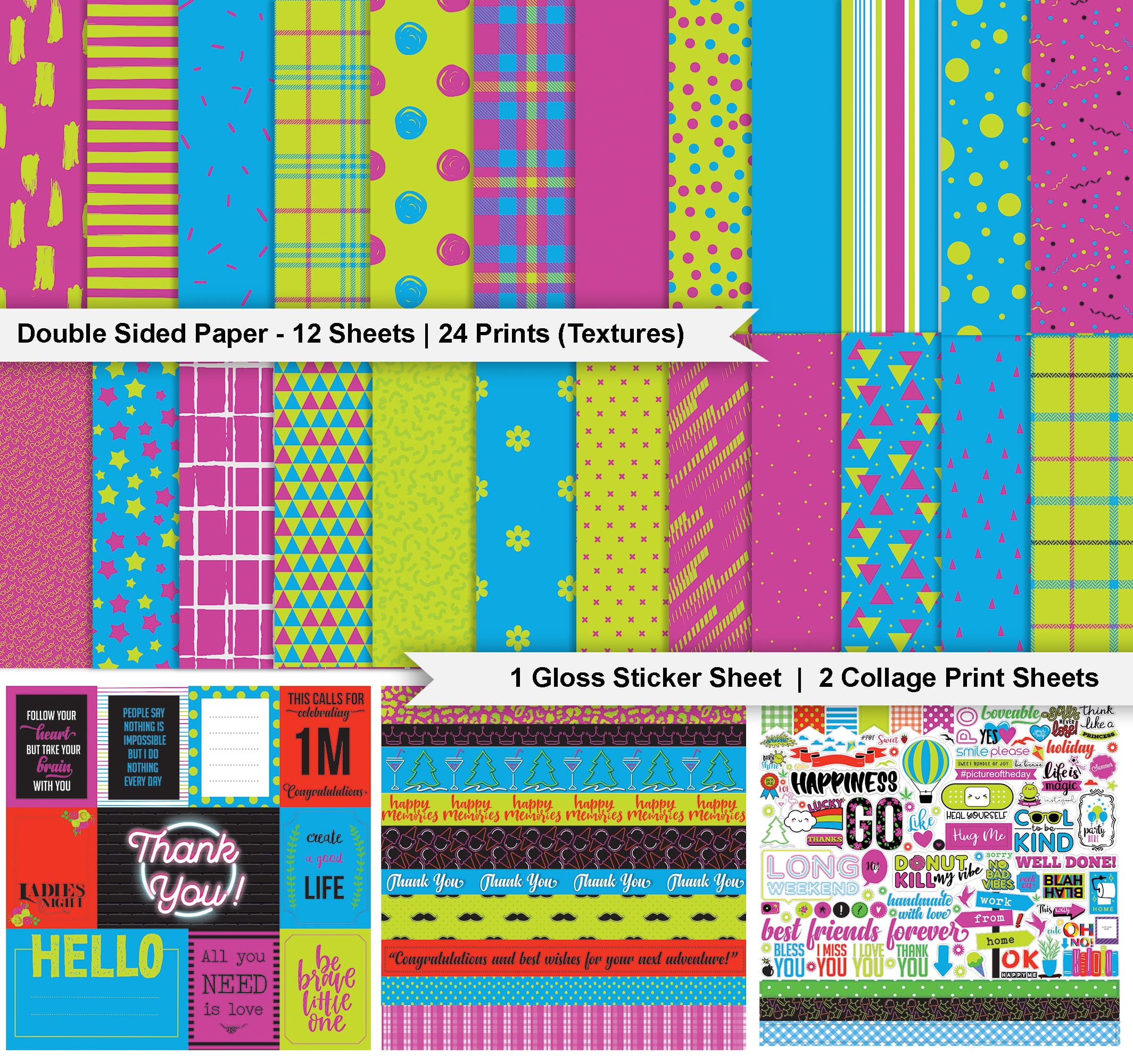 Inkdotpot Pop With Neon Collection Double,Sided Scrapbook Paper Kit Cardstock 12"x12" Card Making Paper Pack Of With Sticker Sheet - 16 Pages - Pink, Blue & Green