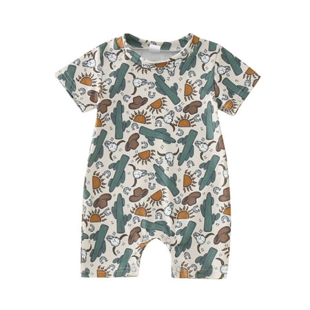 

Toddler Girls Boys Western Boot Print Short Sleeve Cactus Sun Print Jumpsuits Outwear Baby Boys Girls Jumpsuit Short Sleeve Long Romper Size 0 3 18M Beige 0-3 Months