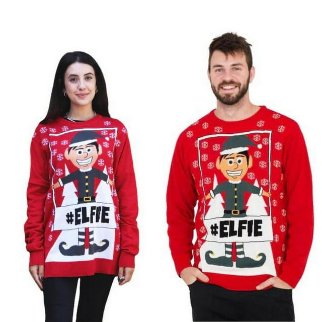 Couple - #Elfie Hashtag Sweater Couple's Ugly Christmas Sweater