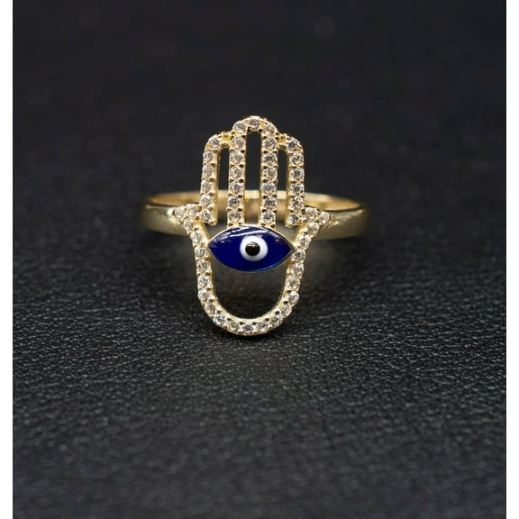 14k Real Solid Yellow Gold Hamsa Hand Evil Eye Ring, 14k Solid Gold Women Dainty Ring, Evil Eye Gold Ring for Women, Hamsa Hand Gold Ring (Ring size:6 1/2;)