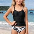 thumbnail image 2 of Ymyiu Little Girls Bathing Suits Teen Girls Tankini Swimsuit 2 Piece Bathing Suit Color-Block Drawstring Girls' Swimwear Size 7-8 Years (Black,7-8 Years), 2 of 7