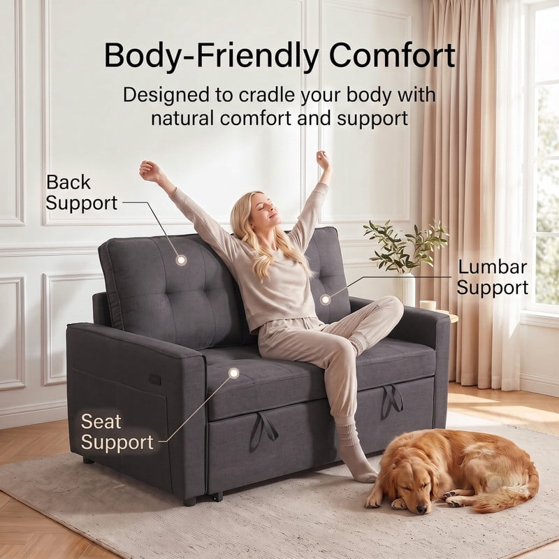 Gewnee 53” Sofa Bed, 3 in 1 Convertible Loveseat Sleeper Sofa, Pull Out Couch with USB Port, Futon Sofa Bed with Storage Pockets for Small Spaces, Teddy Fabric,Gray