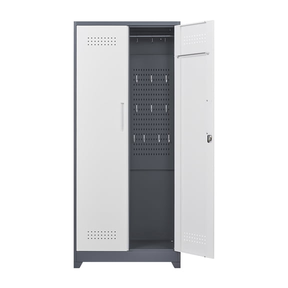 Grey White 73 in. H Broom Closet Cabinet with Pegboard and Hanging Rod Cleaning Tool Storage Cabinet w/Locking & S-Hooks