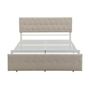 Queen Platform Bed Frame with Storage, Beige Linen Upholstered Metal Platform Bed with Headboard and Drawer, Modern Bedroom Furniture Queen Size Bed Frame, Holds 500 lbs, No Box Spring Needed, J3722