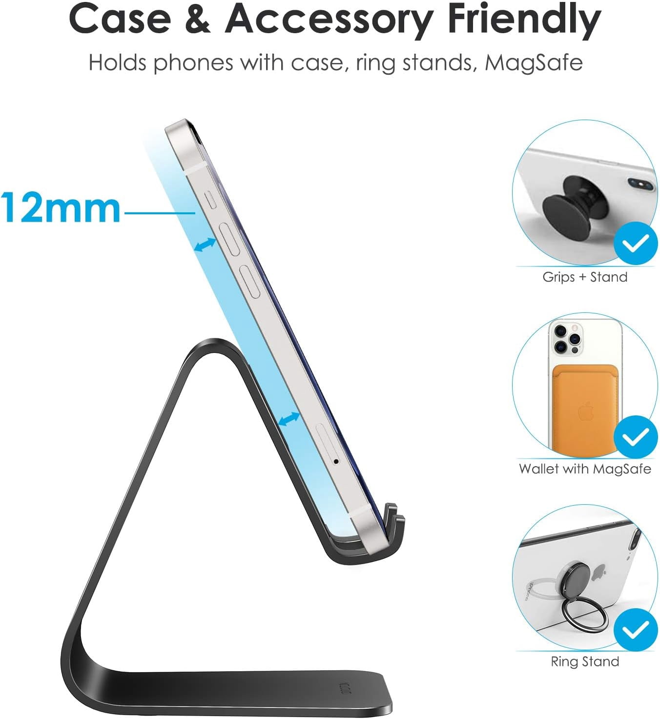 Upgraded Aluminum Cell Phone Stand for Desk, C1 Durable Cellphone Dock with Protective Pads, Smart Stand Designed for iPhone16, 15/14/13/12 Pro Max XR XS, iPad Mini, Android Phones,Rose Gold