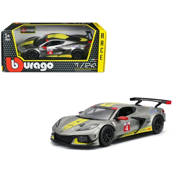 2020 Chevrolet Corvette C8.R #4 Silver Metallic with Yellow Stripes "Race" Series 1/24 Diecast Model Car by Bburago