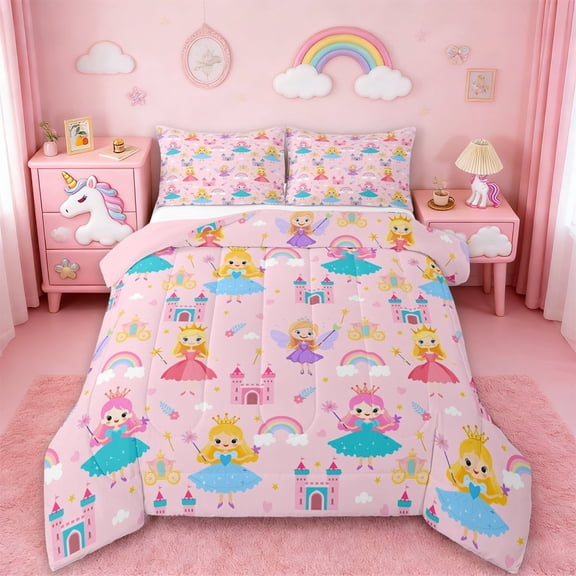 Erosebridal Magical Cartoon Princess Bedding Sets Twin with Comforter,Fairy Tale Castle Duvet Insert,Pink Rainbow Floral Comforter Sets Twin Size,Lightweight Bedroom Decor Reversible,2pcs