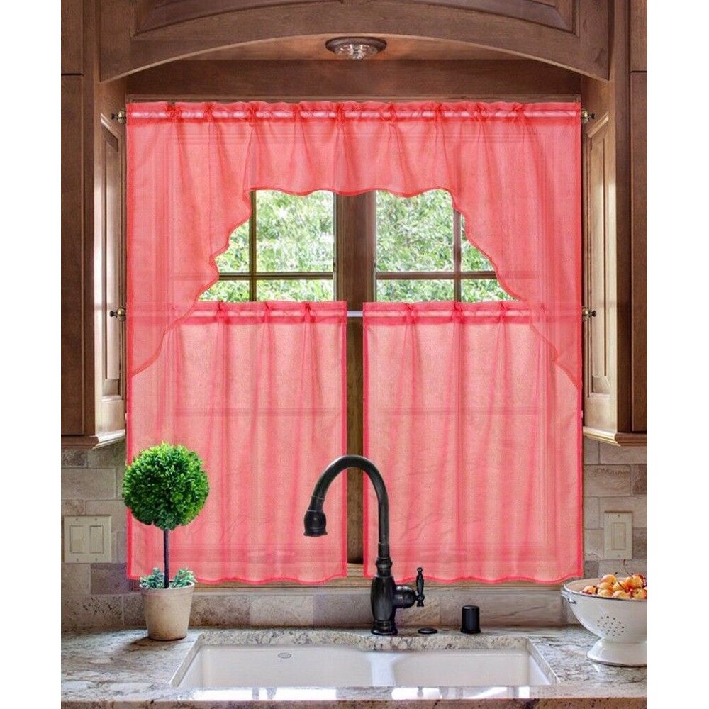 K66 RED 3PC Luxurious Sheer Organza Kitchen Rod Pocket Window Curtain