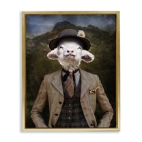 Stupell Industries Happy Classic Lamb Animals & Insects Painting Gold Floater Framed Canvas Art Print Wall Art, 17 x 21