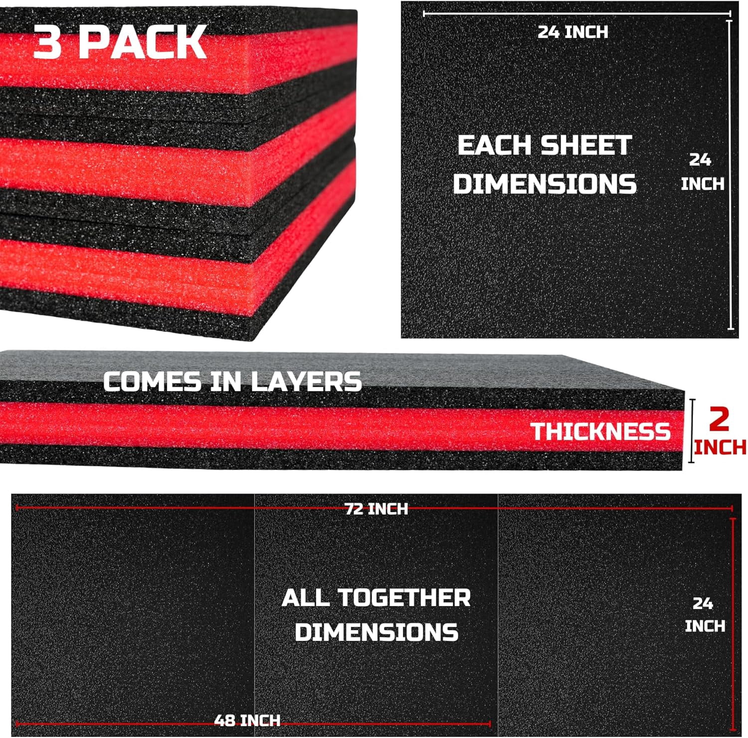 Tool Box Foam 3Pack 24x24x2 inch, Foam Inserts for Cases, Polyethylene Tool Foam Sheets, Drawer Liner Foam, ToolBox Kaizen Organizer and Storage Tool Shadow
