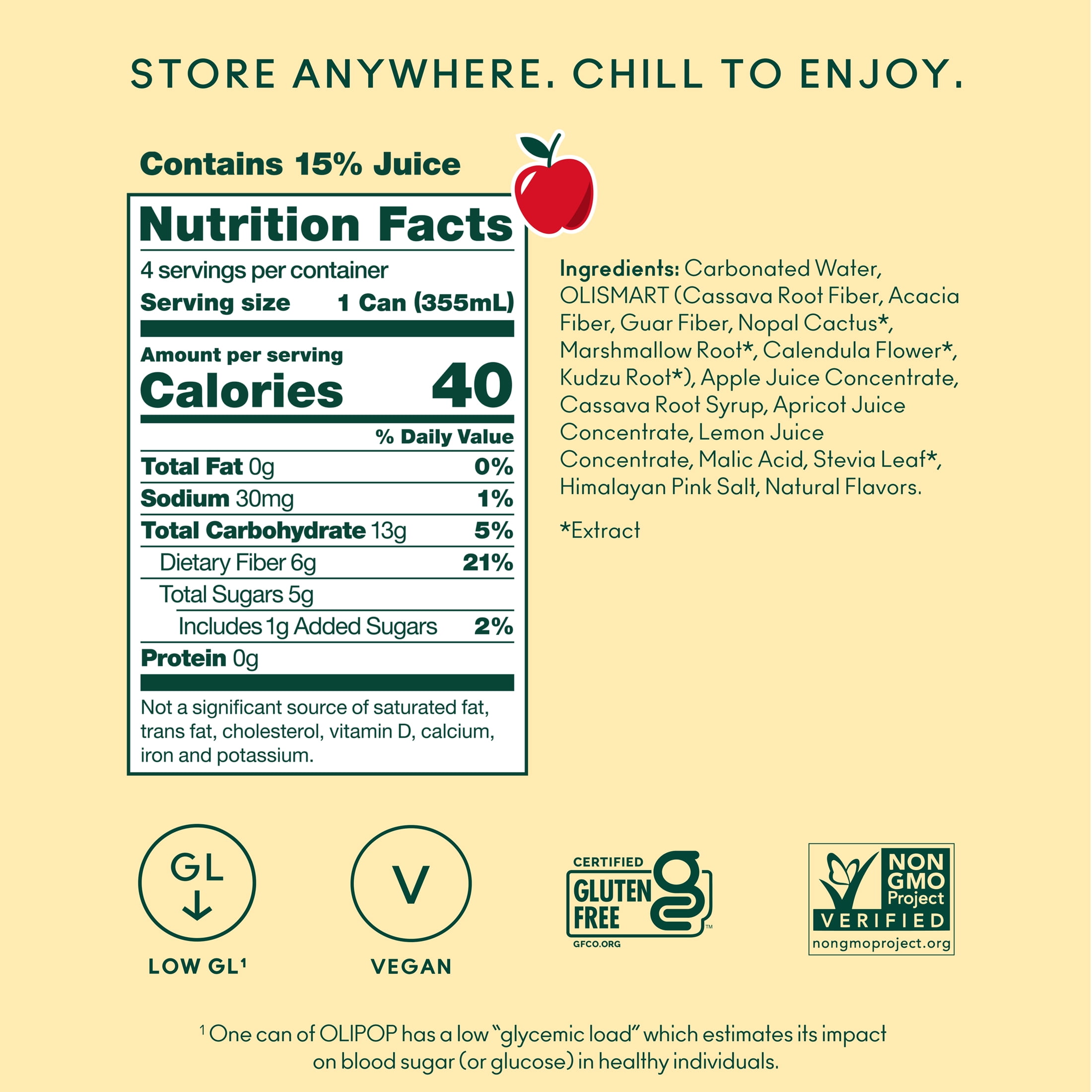 (6 pack) OLIPOP 6g Fiber Prebiotic Soda, Crisp Apple, 12 fl oz, 4 Pack, Shelf Stable