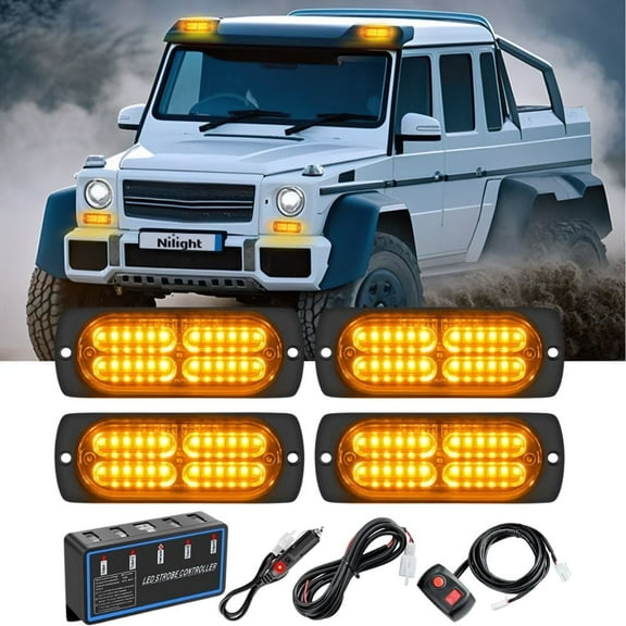 Nilight 4PCS LED Flashing Signal Lights 12V 24V, Amber 24LED Sync Feature with Controller, Hardwire or 12V Power Plug, Universal Fit for Car, Truck, RV