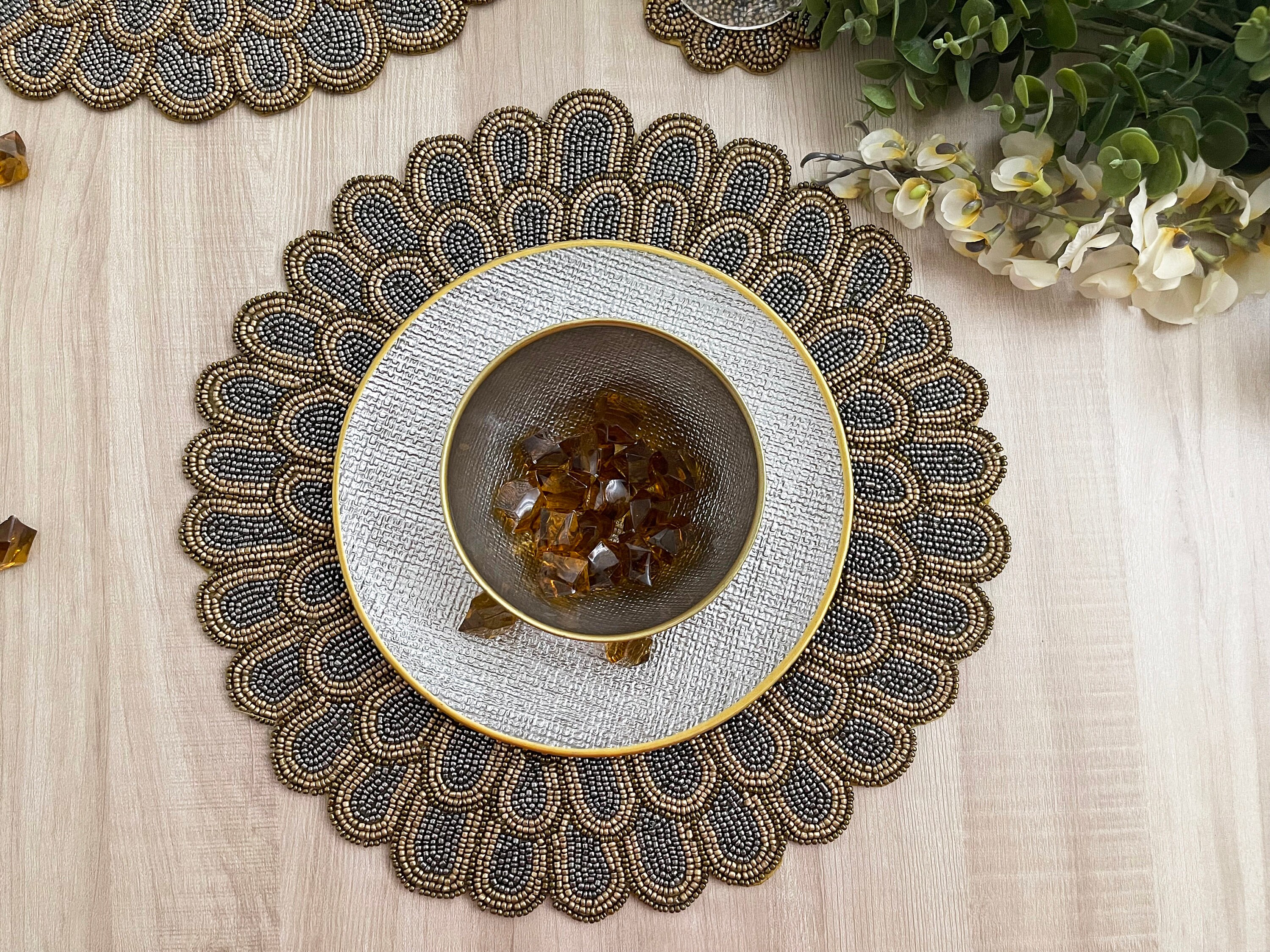 Set of 2, Handmade beaded placemat, gold and grey silver bead charger, tablemat, coasters
