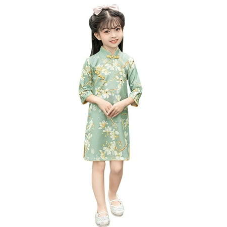 

Girls Dress Toddler Long Sleeve Cheongsam Performance Spring Autumn Retro Tang Ethnic Style Hanfu Sundress 9-10 Years