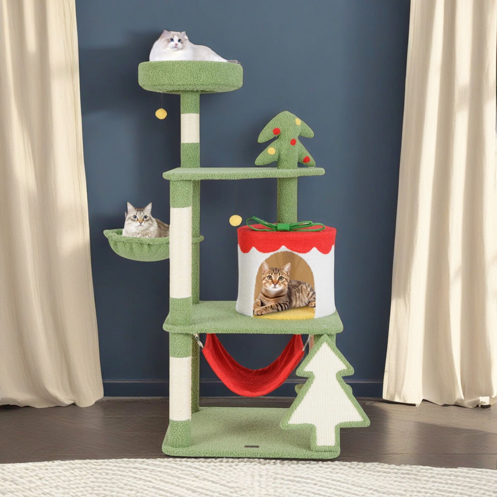 Kadyn 52" Cute Christmas Cat Tree with Sisal Scratching Posts and Board, Multi-Level Cat Tower with Gift Box Shaped Condo, Kittens Play Activity Center, Green