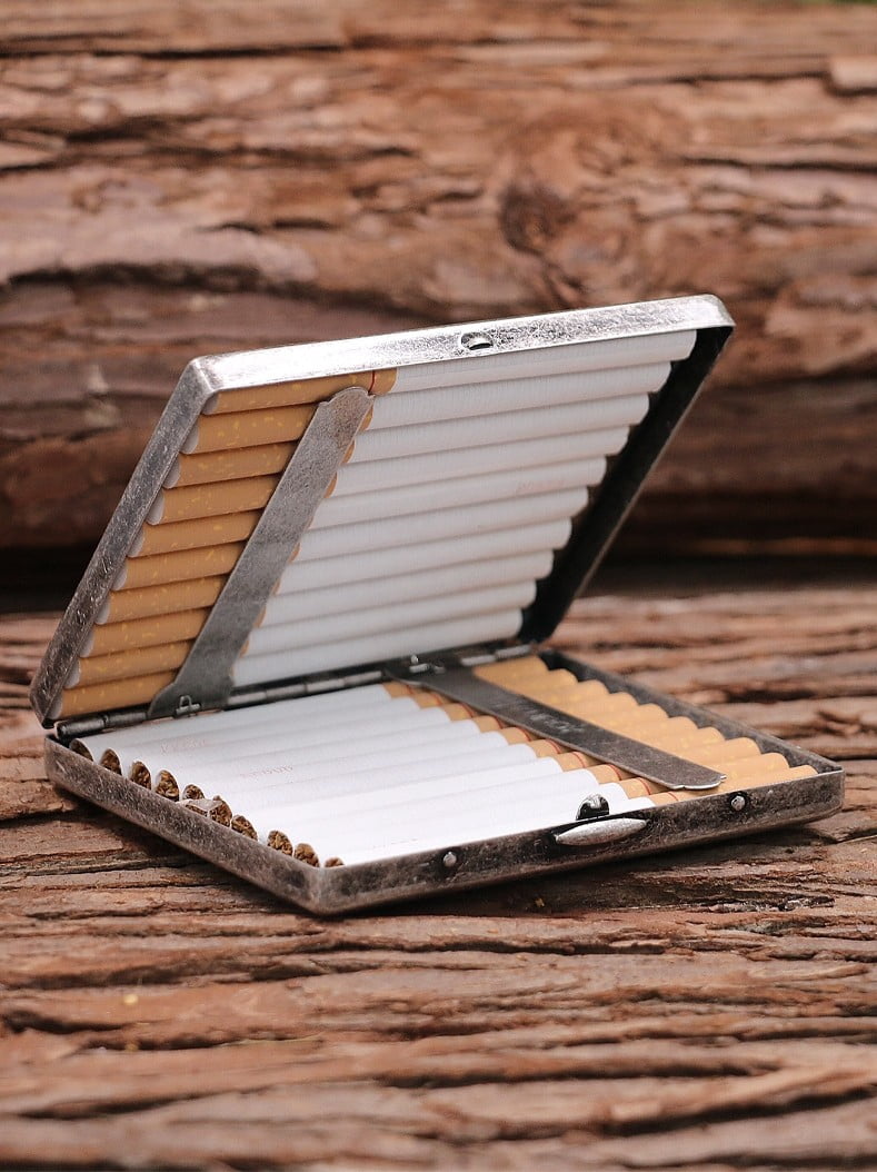 ancient silver cigarette box 20 pieces portable thick men's retro anti-pressure copper cigarette box with engraving on the middle,SKU00340-KC8古银色-可装20支烟
