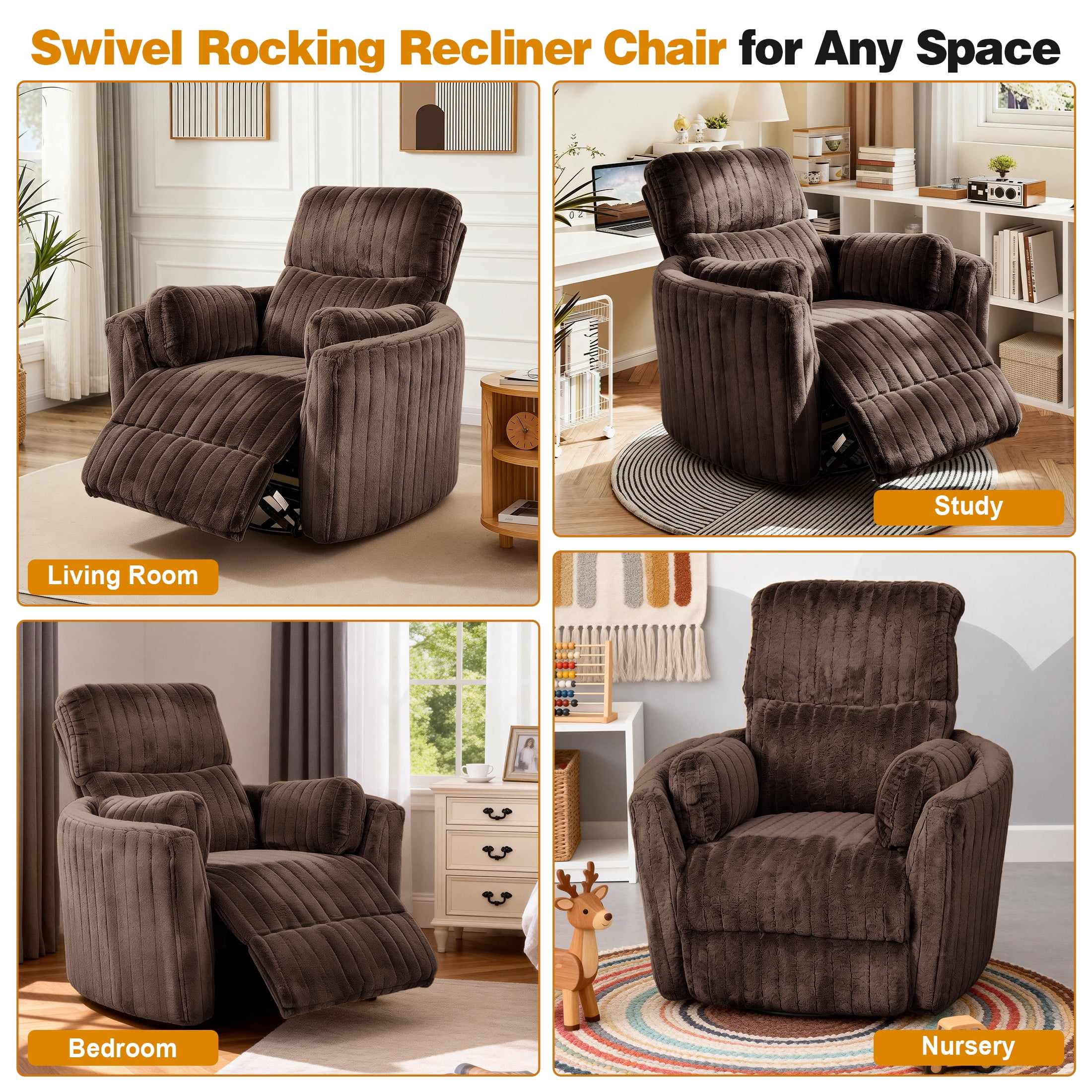Aukfa Swivel Rocking Glider Power Recliner Chair with 24" Wide Seat & Type-C & USB Ports, Brown