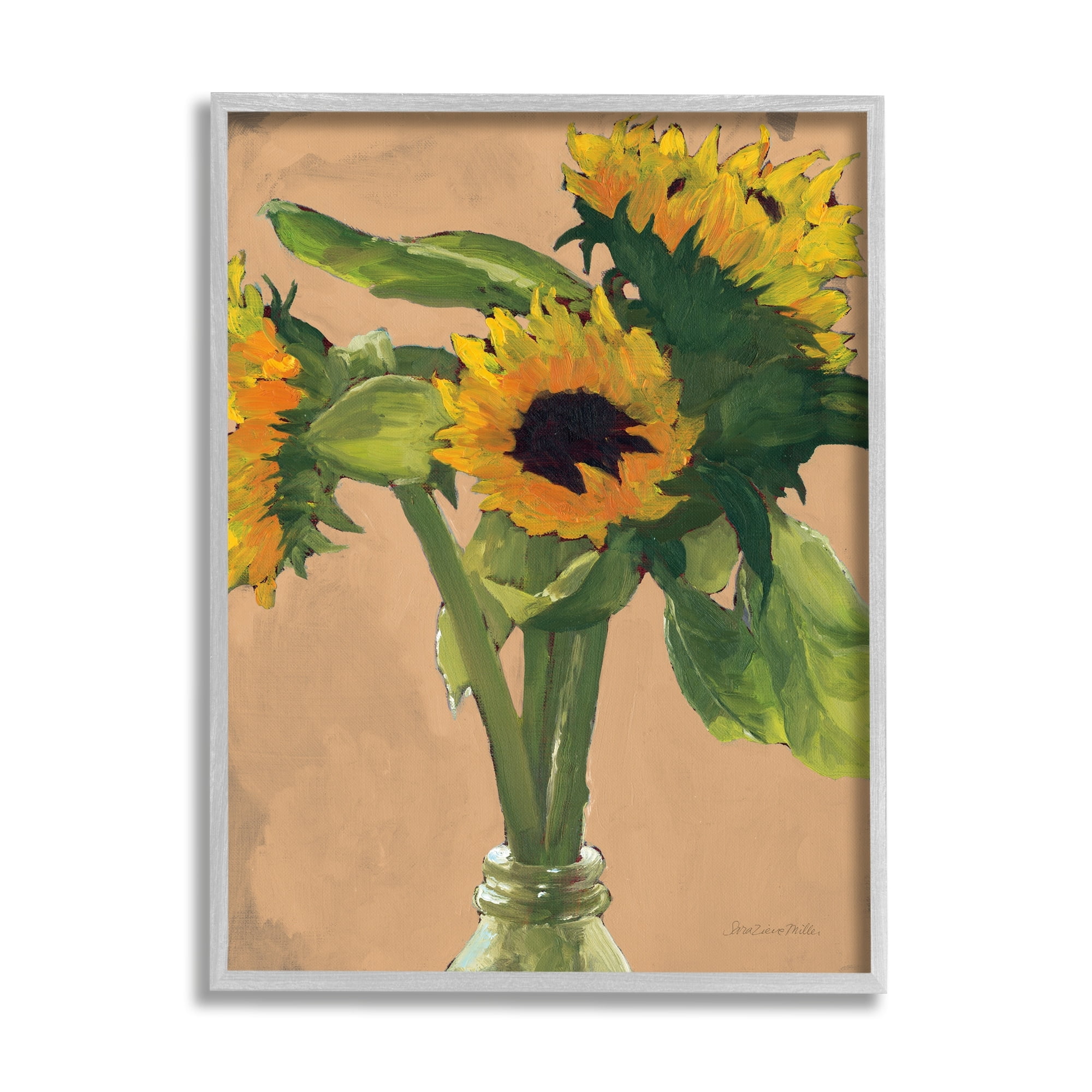 Stupell Industries Blushing Sunflower Stalks Flower Vase Glass Bottle Paintings Gray Framed Art Print Wall Art, 24x30, by Sara Zieve Miller