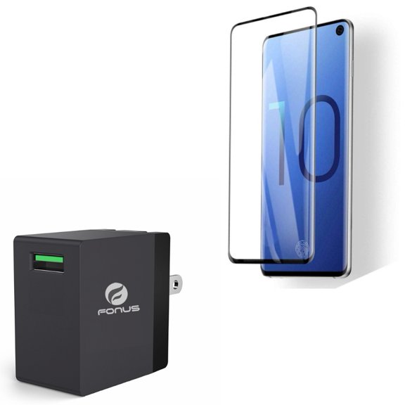 Galaxy S10  Tempered Glass Screen Protector w 18W Fast Home Charger - [Fingerprint Works] 3D Curved Edge Full Cover, USB Quick Charge Port Travel for Samsung Galaxy S10