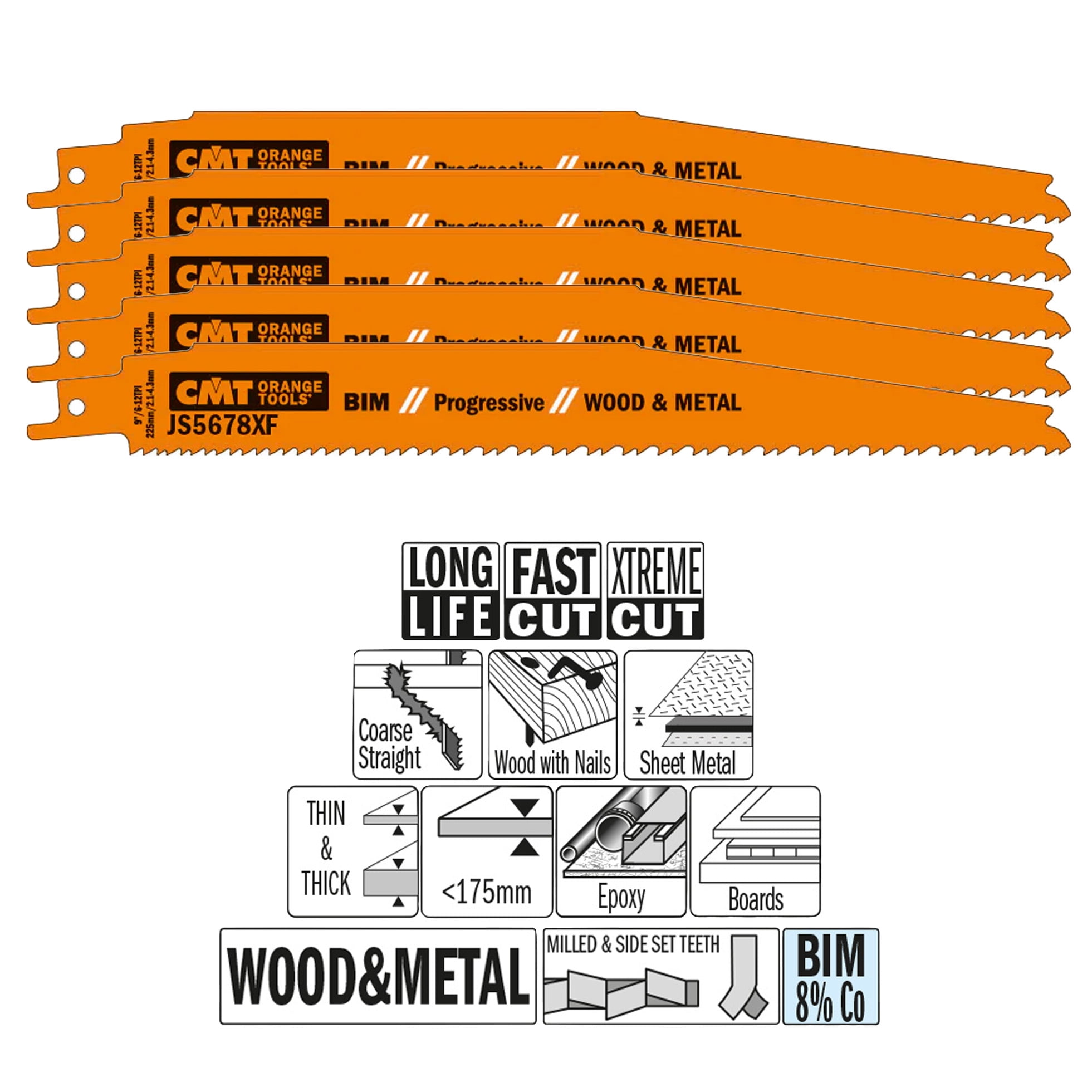 CMT JS5678XF-5 5-Piece Bimetal Saw Blades for Reciprocating Saws