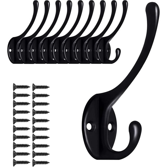 10 Pack Black Wall Hooks for Hanging, Metal Coat Hooks Wall Mounted