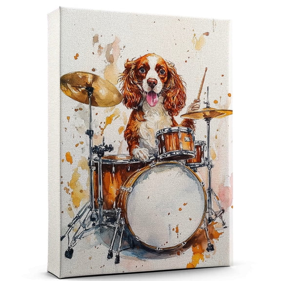 Welsh Springer Spaniel Dog Playing Drum Kit Wall Stretched Canvas Size 8x12 – Welsh Springer Spaniel Canvas Art for Dog Lovers, Drum Kit Canvas Wall Decor