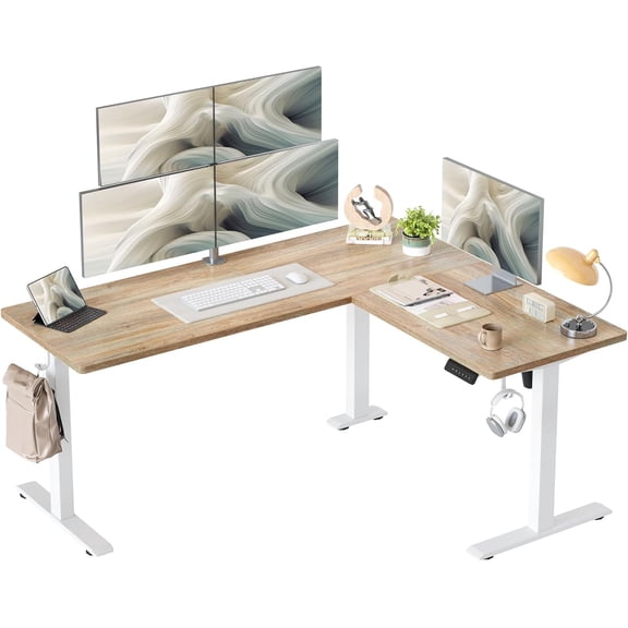 TIQLAB L Shaped Standing Desk Adjustable Height, Electric Corner Standing Desk, 63 x 55 inch Sit Stand Computer Table with Splice Board, Maple