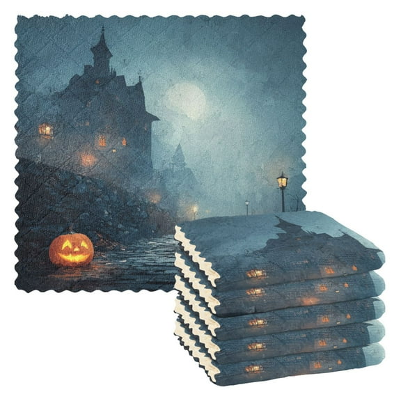 6 Pieces of Kitchen Towels 11x11Inch Kitchen Dish Cloths Kitchen Dish Towels Reuseable Cleaning Cloths Halloween Night Pumpkin