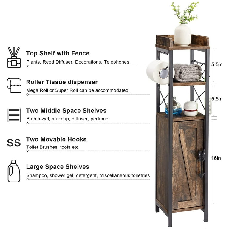 VECELO Bathroom Storage Cabinet with Toilet Paper Holder, 3-Tier Open  Shelves Bathroom Organizer with for Small Spaces, Brown
