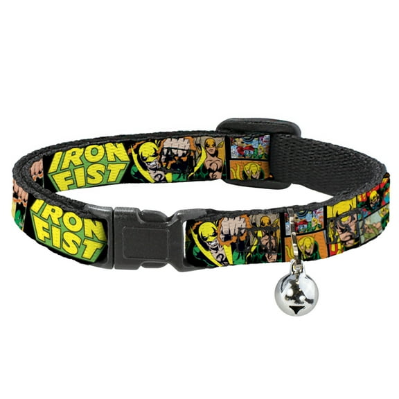 Marvel Comics Breakaway Cat Collar With Bell, Plastic Clip, Easy Adjustable, Retro Iron Fist Action Pose Comic Scene Black Green Yellow, 8.5 to 12 Inches 0.5 Inch Wide