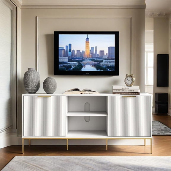Modern White TV Stand with Wave Design Doors, Adjustable Storage Shelves, Open Media Console, Gold Metal Legs - Entertainment Center for 55 Inch TV in Living Room