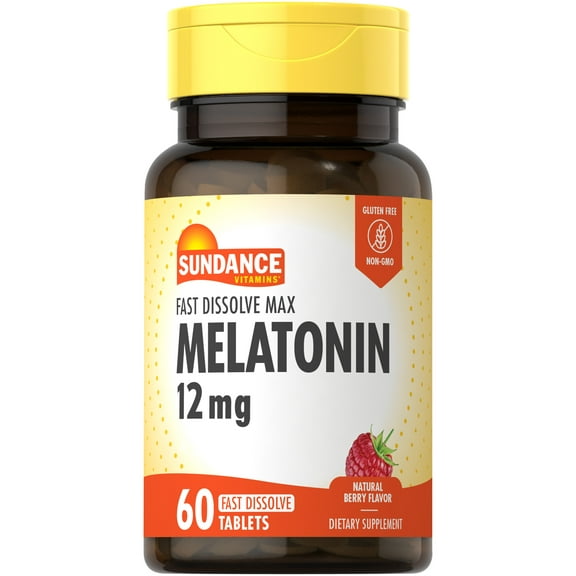 Melatonin 12mg | 60 Fast Dissolve Tablets | Natural Berry Flavor | Vegetarian, Non-GMO, and Gluten Free Supplement | By Sundance