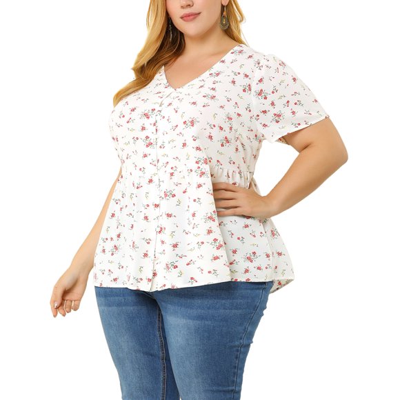 Women's Plus Size V Neck Ruffle Hem Short Sleeve Cinched Waist Floral Peplum Top White 3X