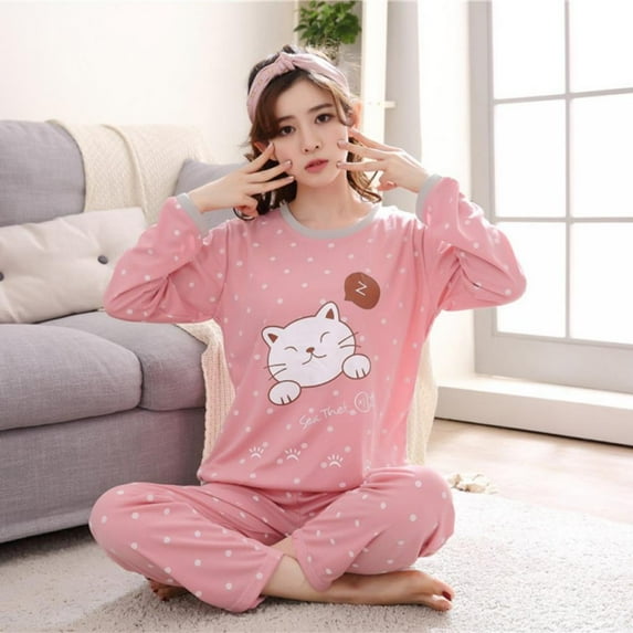 saient Women's Pajama Sets Cartoon Print Long Sleeves Autumn Winter Sweet Loose Sleepwear