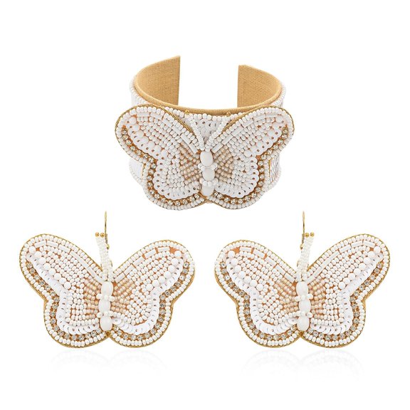Set of 2 White Seed Beaded Butterfly Cuff Bracelet and Earrings in Goldtone Christmas Gifts