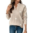thumbnail image 3 of Cute Heart Print Sweater for Women - V-Neck Sweater Pullovers with Lace Trim, Knit Jumper Light Khaki L, 3 of 9