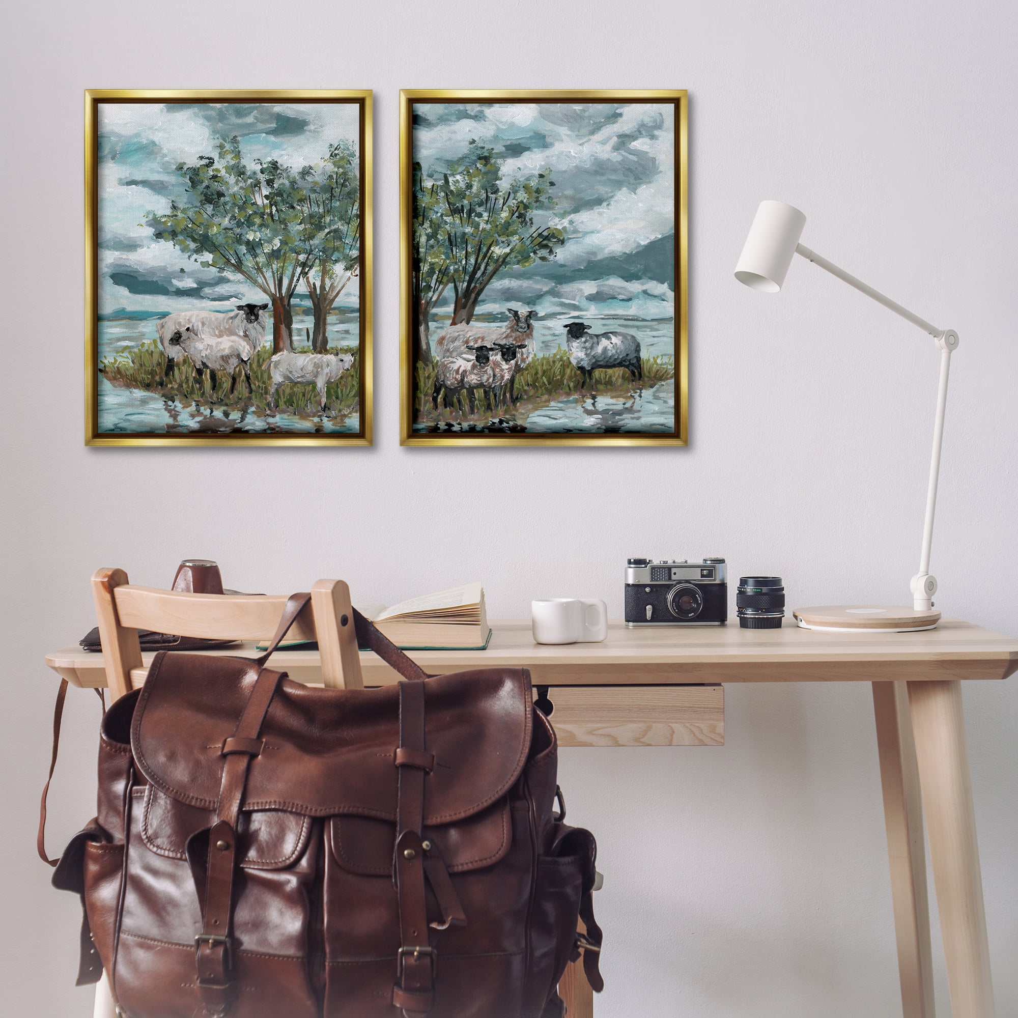 Stupell Industries Sheep in Field Landscape & Nature Painting Gold Floater Framed Canvas Art Print Wall Art, 31 x 25, Set of 2