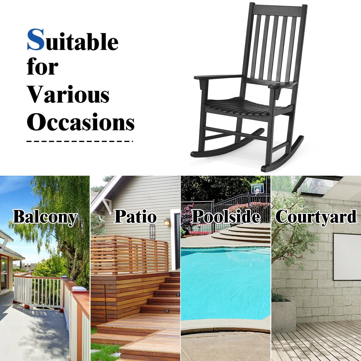 Gymax Wooden Rocking Chair High Back Garden Seat Porch Rocker For Indoor Outdoor Black