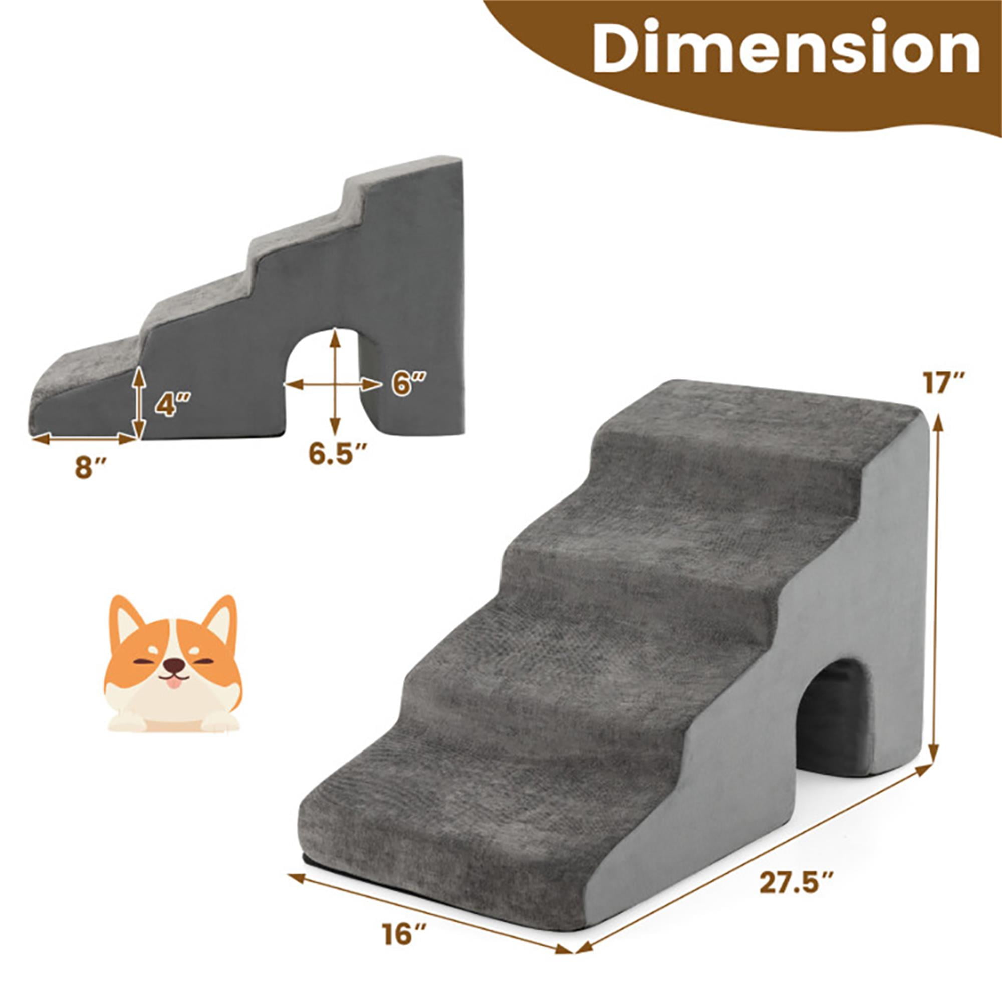 Kadyn 27" Dog Stairs for Small Pets with High-Density Sponge and Silicone Paw Prints, 4-Step Dog Ramp for Beds and Couch, Gray