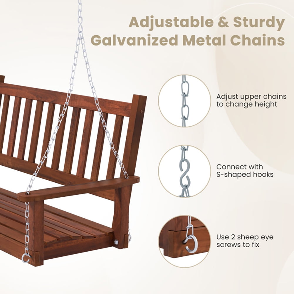 Aimee Lii 2-Person Wooden Outdoor Porch Swing with 500 lbs Weight Capacity, Swing Chair Outdoor, Brown